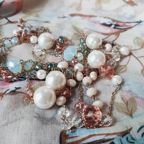 Beads and Baubles Moonstone Faceted Extra Long Necklace Pastel Dual Chain Pearls - Picture 7 of 12